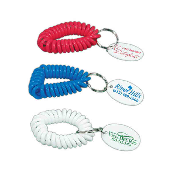 Custom Logo Bracelet coil key chain with oval tag. Coil Wristband
