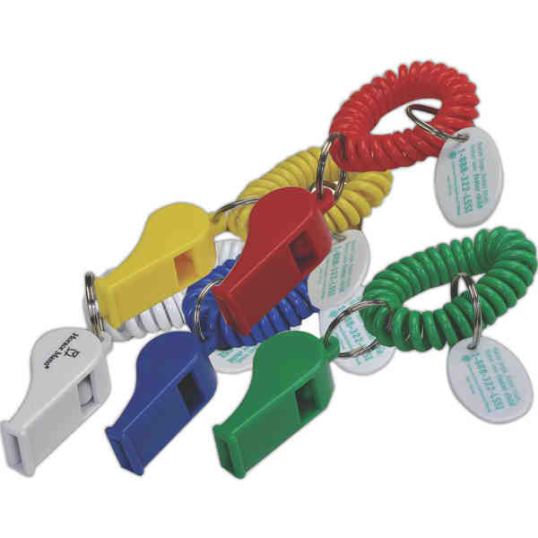 Custom Logo Wrist coil key holder with whistle and tag. Coil Wristband
