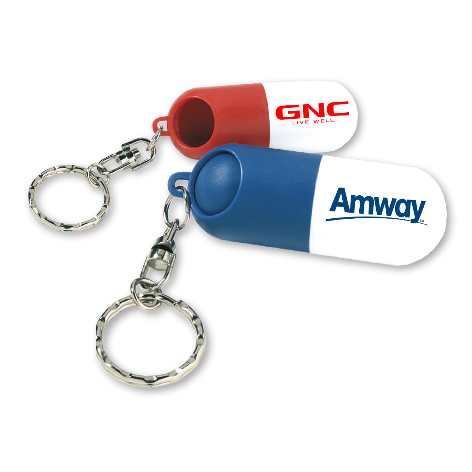 Custom Logo Combination capsule shaped pill holder/key ring. Pill