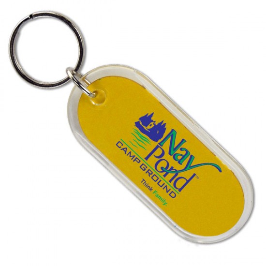 Custom Logo Long oval key tag with silver split ring.