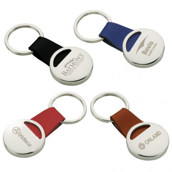 Custom Logo Chrome Disk Key Ring w/ Leather Strap