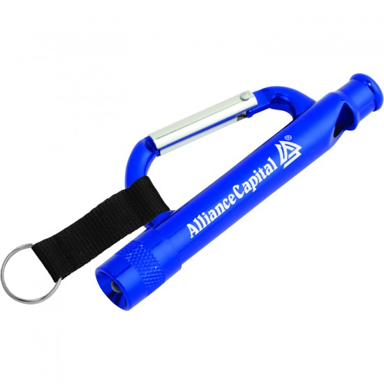 Custom Logo Carabiner Flashlight/Whistle with Strap