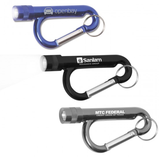 Custom Logo Metal Carabiner Flashlight w/ Split Ring Attachment