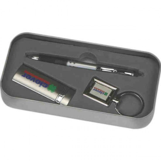 Custom Logo Pen, metal lighter and keychain gift set.