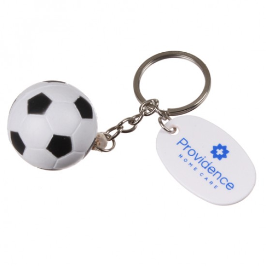 Custom Logo Key ring with soccer ball replica and oval plastic tag.