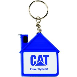 Custom Logo House tape measure with release button and key chain.