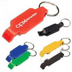 Custom Logo Bottle opener with key ring attachment.