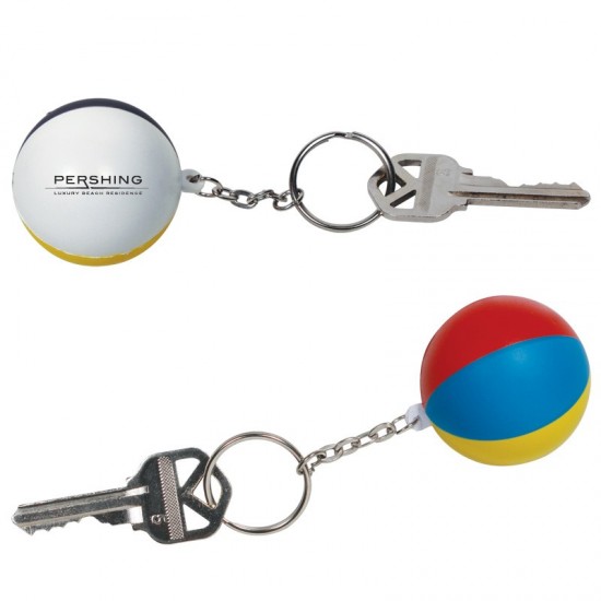 Custom Logo Beach ball shaped stress reliever with key chain attached.