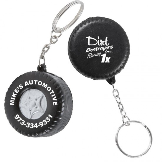 Custom Logo Tire shape stress reliever with key chain attached.
