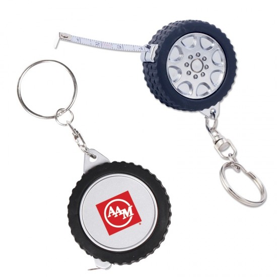 Custom Logo Tire shaped, 3 ft. long tape measure with key chain attachment.