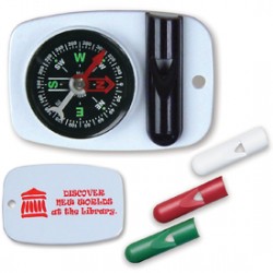Custom Logo Combination compass and whistle with hole for attaching to key chain or zipper pull. Custom Logo Combination compass and whistle with hole for attaching to key chain or zipper pull.