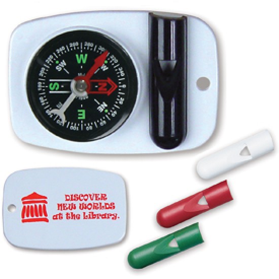 Custom Logo Combination compass and whistle with hole for attaching to key chain or zipper pull.