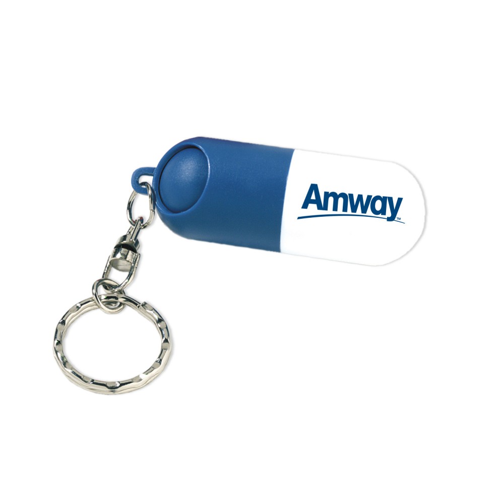 Custom Logo Combination capsule shaped pill holder/key ring. Pill