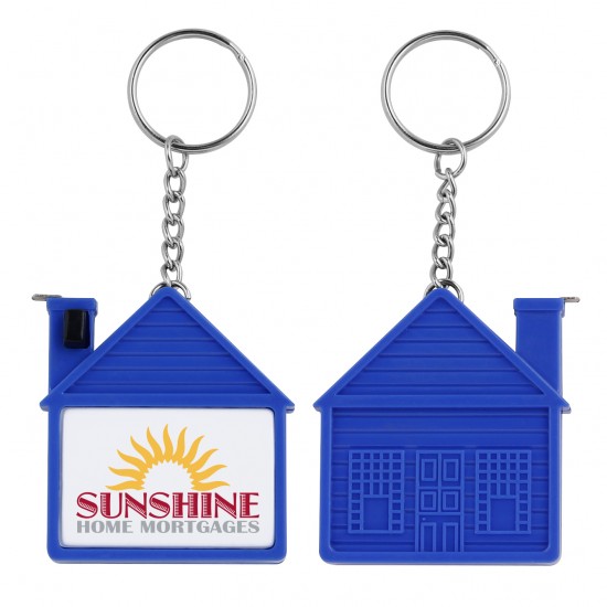 Custom Logo Our House - House shaped metal tape measure with a split ring, measures up to 39