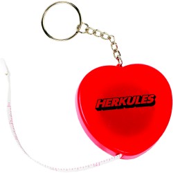 Custom Logo Heart tape measure with release button and key tag.