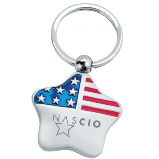Custom Logo Metal star shaped key tag with U.S. flag design on top half.