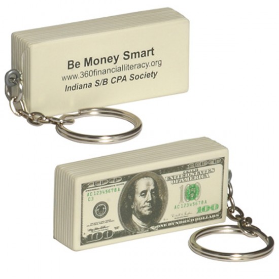 Custom Logo One hundred dollar bill shape stress reliever with key chain.