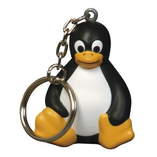 Custom Logo Sitting penguin shape stress reliever on a key chain.