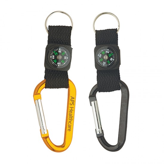 Custom Logo Anodized Aluminum Carabiner w/ Strap & Compass